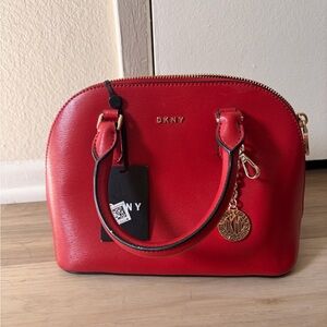 DKNY Bryant Dome Satchel in red with gold-tone hardware